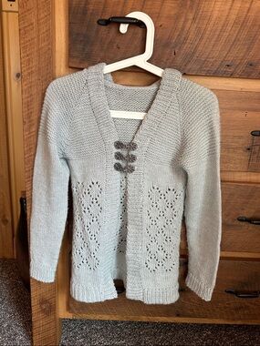 Light Blue Openwork Hand Knit Hooded Cardigan with Decorative Toggles